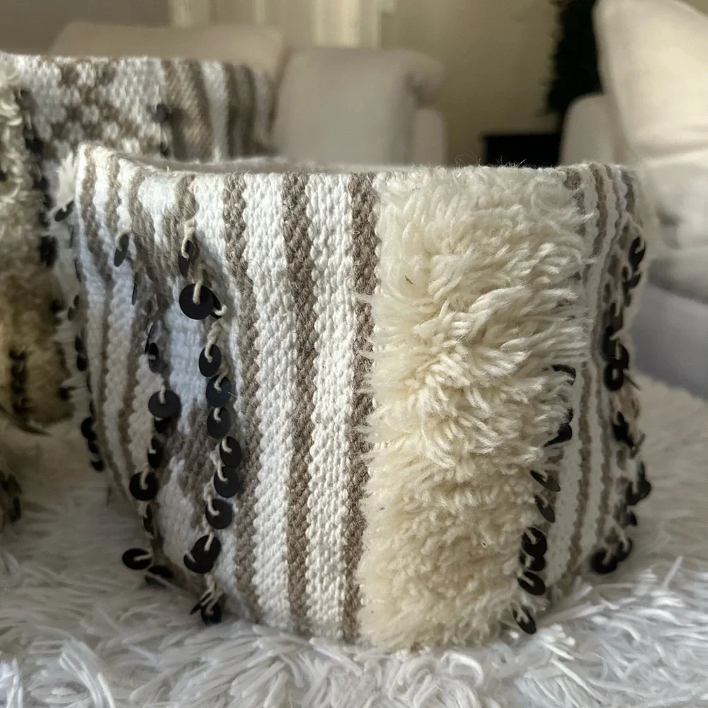 RH TEEN Moroccan Embellished Storage Basket Set Natural Size: 1 Med 2 Small